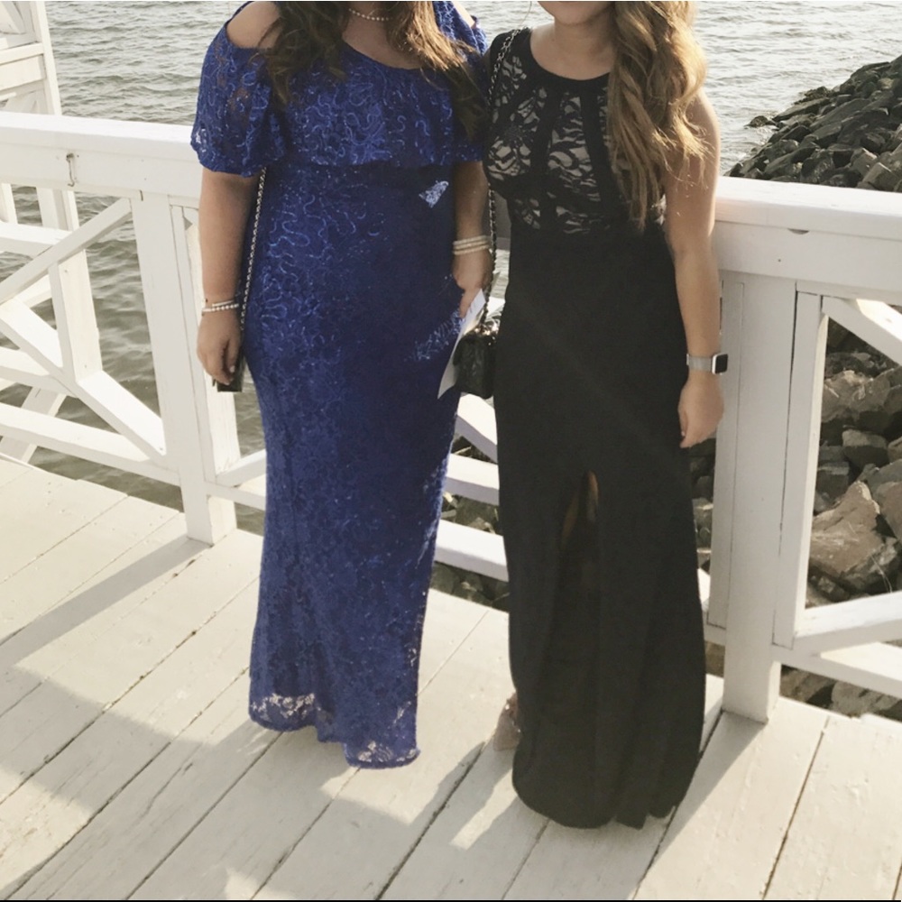 Blue off the shoulder sequins gown